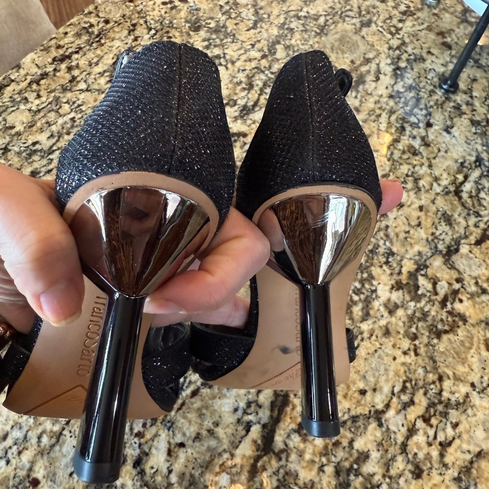 Franco Sarto Sandals Size 5 Black Leather Ankle Strap Sparkly Dress Heels NEW - Picture 4 of 6